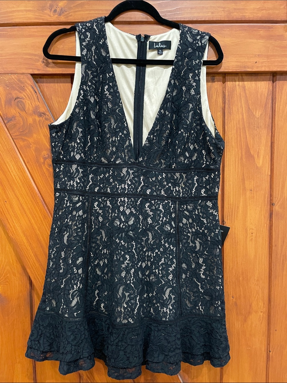 Lulu's Black Lace V-Neck Fit & Flounce Mini Dress Sz XL